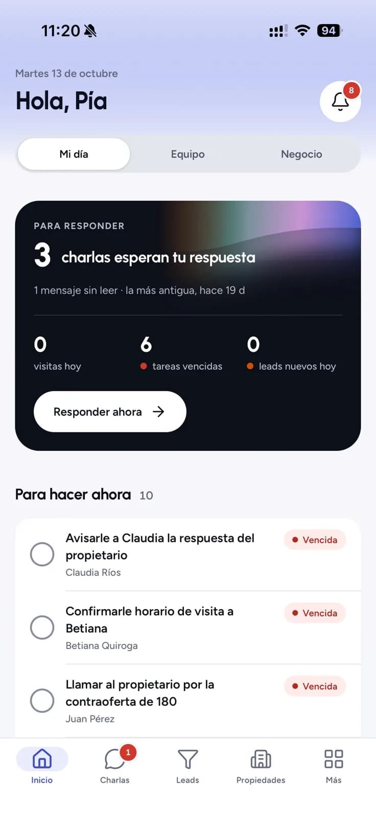 La pantalla Mi día de la app de Brokian: charlas por responder, visitas, tareas vencidas y leads nuevos